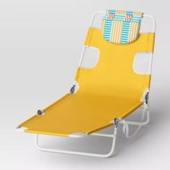Recycled Fabric Outdoor Portable Beach Lounger with Headrest Yellow - Sun Squad