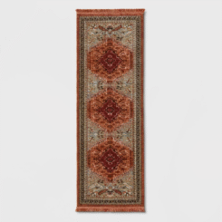 2'4"x7' Floral Woven Runner Rug Rust/Green - Threshold™: Traditional Persian Style, Indoor Botanical Accent