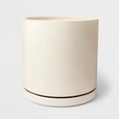 Hilton Carter for Target 11" Wide Ceramic/Metal Indoor Outdoor Planter Pot Cream Matte Glaze with Saucer & Rotation