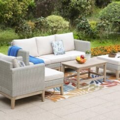 Captiva Designs 5pc Outdoor Wicker Rattan Conversation Set Beige: UV-Resistant, Includes Sofa & Ottomans