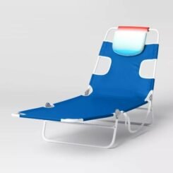 Recycled Fabric Outdoor Portable Beach Lounger with Headrest Blue - Sun Squad: Weather-Resistant, Foldable
