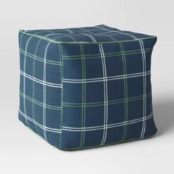 18"x18" Button Tuft Outdoor Patio Pouf Blue - Threshold designed with Studio McGee