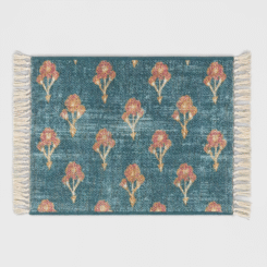 2'x3' Washable Floral Block Printed Accent Rug Blue - Threshold™: Traditional Indoor Low Pile Flatweave, Machine Washable