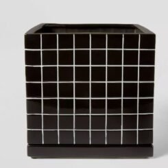 Hilton Carter for Target 11.25" Wide Square Ceramic Indoor Outdoor Planter Pot Black Matte Glaze with White Grout Lines