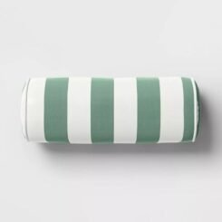 20"x8" Striped Cylinder Outdoor Bolster Pillow with Contrast Piping Green - Threshold designed with Studio McGee